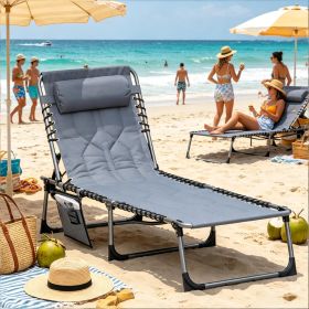 Gray Padded Folding Chaise Lounge Chair 6-Level Reclining Outdoor Camping Tanning Chair with Headrest for Beach Yard Patio Pool