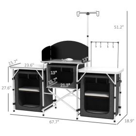 Aluminum Camping Kitchen, Portable Folding Camping Table With Fabric Cupboards, Windshield, Bag For BBQ, Picnic, Black (Option: Black Silver)